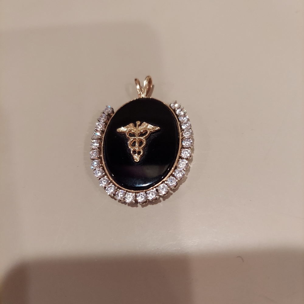 14k gold onyx CZ pendant, medical symbol  (caduceus)
